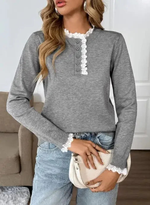 Women's Retro Long-Sleeve Sweater with Lace-Trim Mock-Neck
