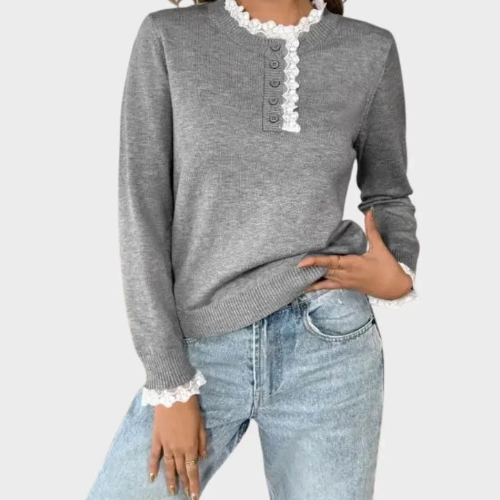 Women's Retro Long-Sleeve Sweater with Lace-Trim Mock-Neck