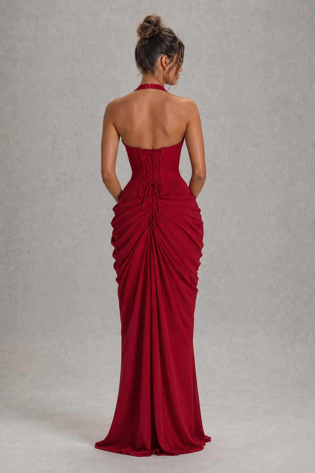 Women's Halter Corset Chiffon Maxi Evening Dress with High Split | Wedding Guest, Prom & Formal Gown