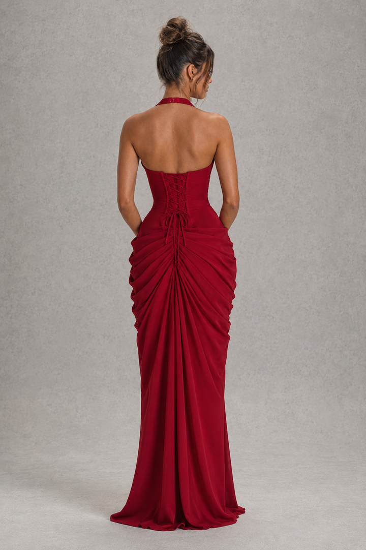 Women's Halter Corset Chiffon Maxi Evening Dress with High Split | Wedding Guest, Prom & Formal Gown