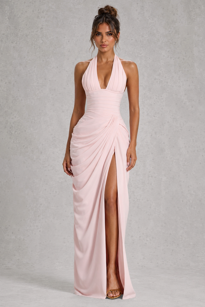 Women's Halter Corset Chiffon Maxi Evening Dress with High Split | Wedding Guest, Prom & Formal Gown