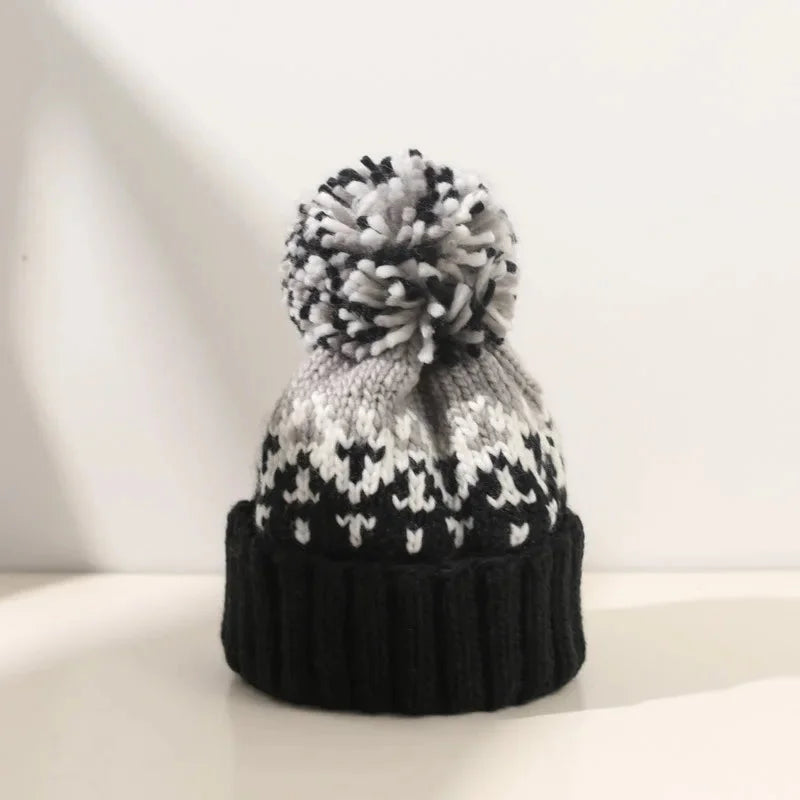 Women's Snowflake Pom-Pom Beanie with Ribbed Cuff