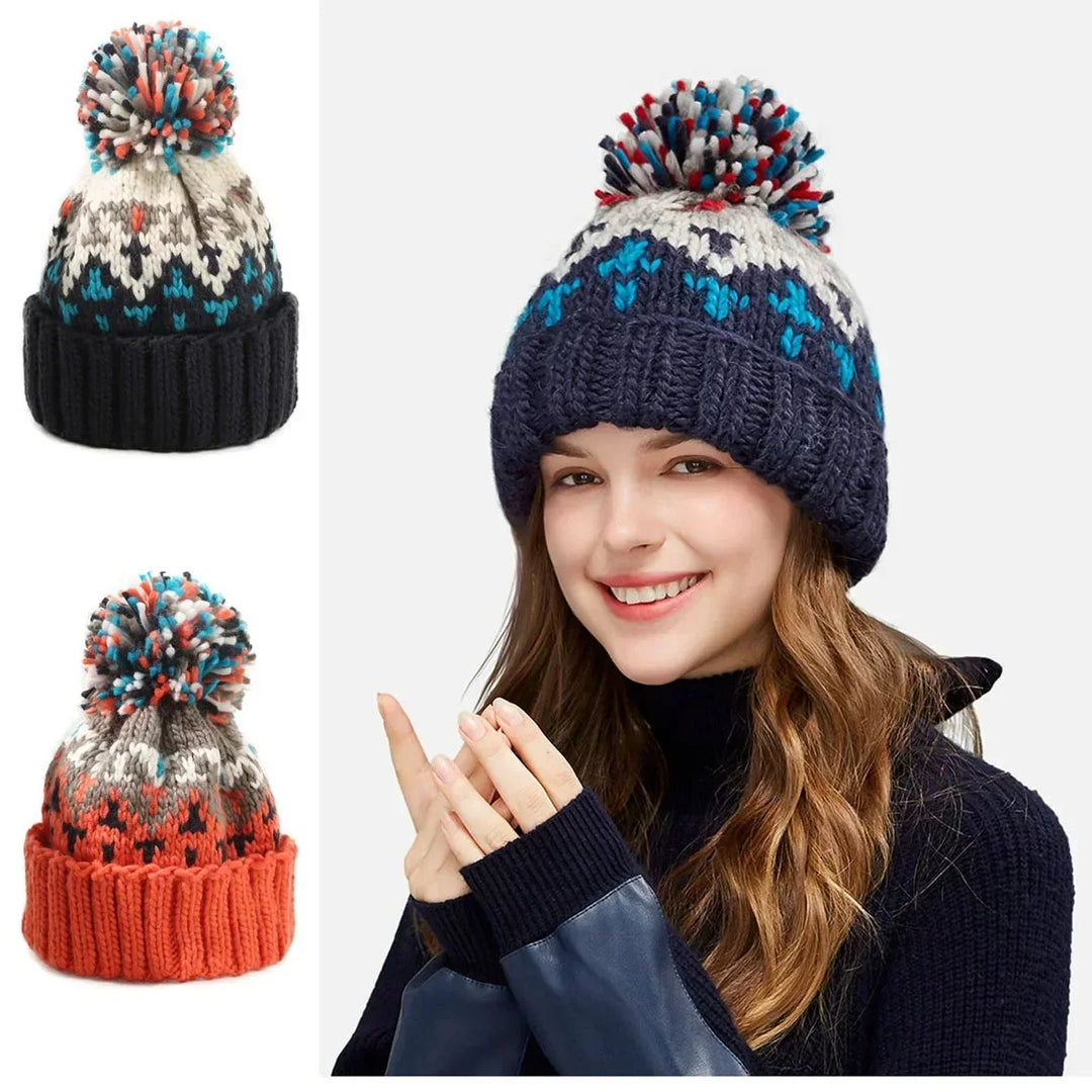 Women's Snowflake Pom-Pom Beanie with Ribbed Cuff