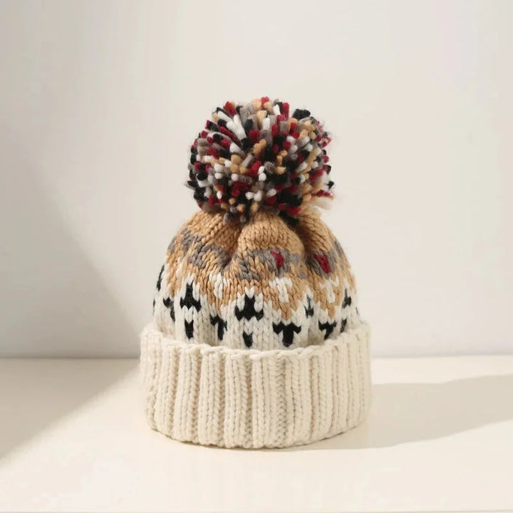 Women's Snowflake Pom-Pom Beanie with Ribbed Cuff