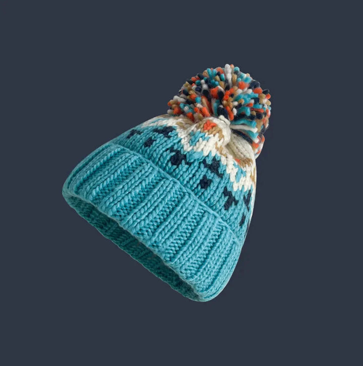 Women's Snowflake Pom-Pom Beanie with Ribbed Cuff