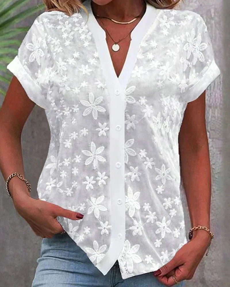 Freya | Women's Lace Embroidered Short-Sleeve Button-Down Blouse