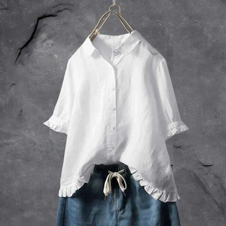 Sophie | Women's Linen Ruffle Trim Button Down Shirt Relaxed Fit