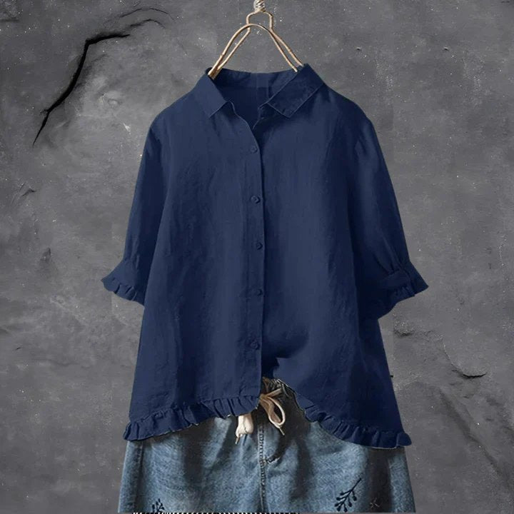 Sophie | Women's Linen Ruffle Trim Button Down Shirt Relaxed Fit