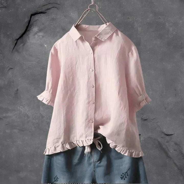 Sophie | Women's Linen Ruffle Trim Button Down Shirt Relaxed Fit