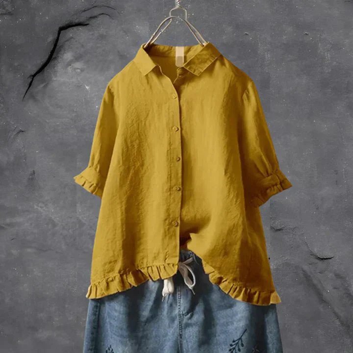 Sophie | Women's Linen Ruffle Trim Button Down Shirt Relaxed Fit