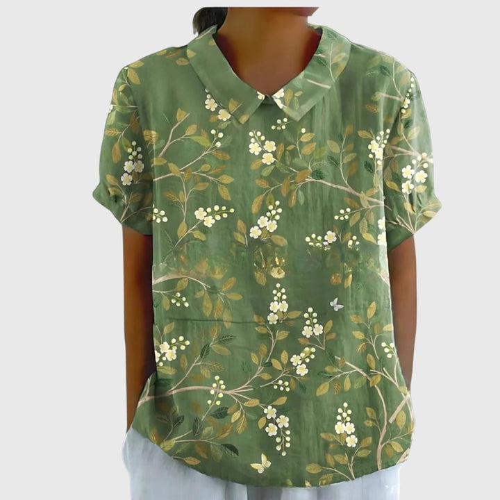 Willow | Women's Linen Short Sleeve Collared Blouse Floral Print