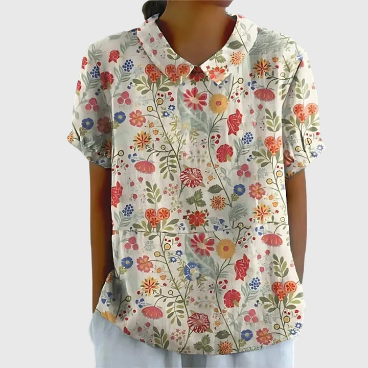 Willow | Women's Linen Short Sleeve Collared Blouse Floral Print