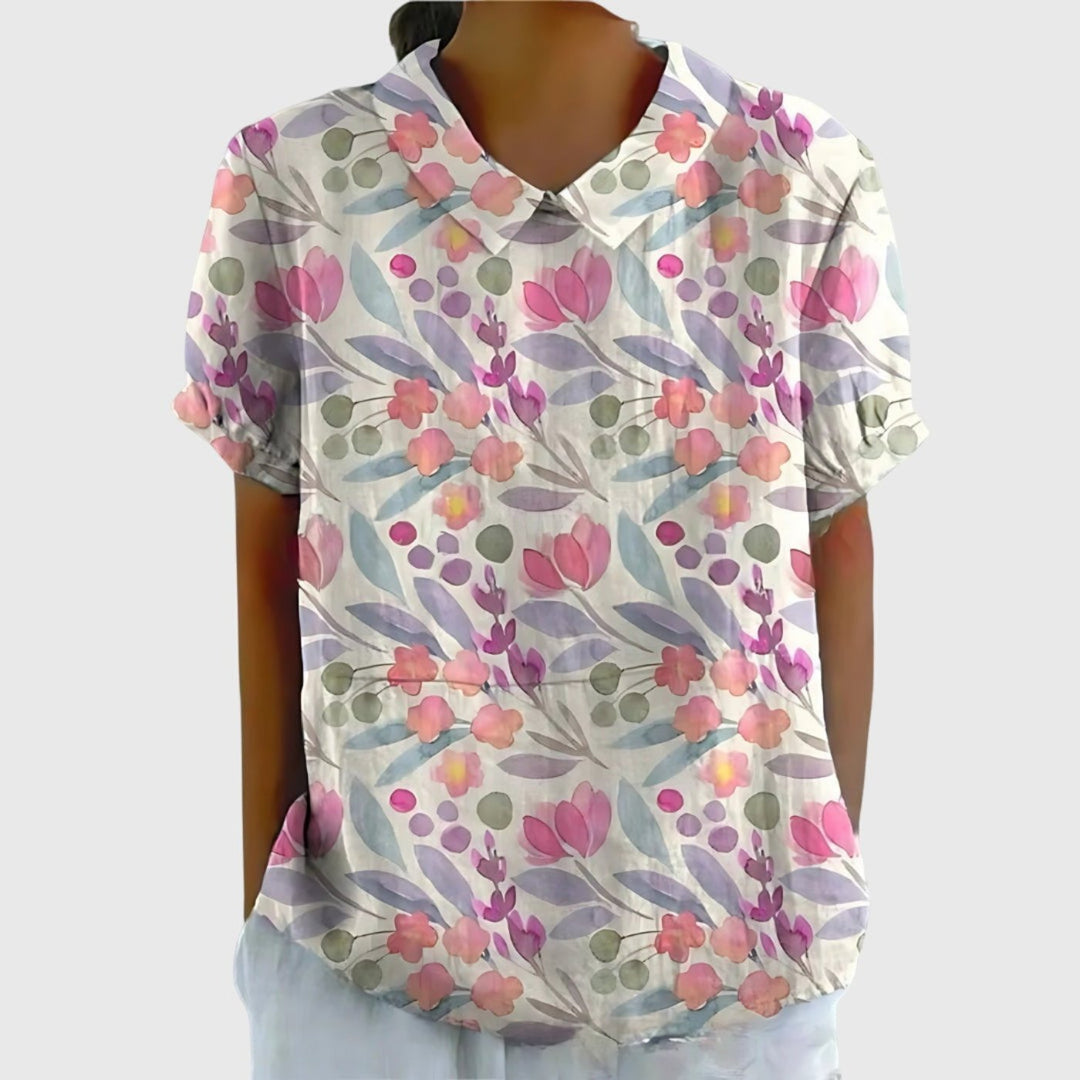 Willow | Women's Linen Short Sleeve Collared Blouse Floral Print
