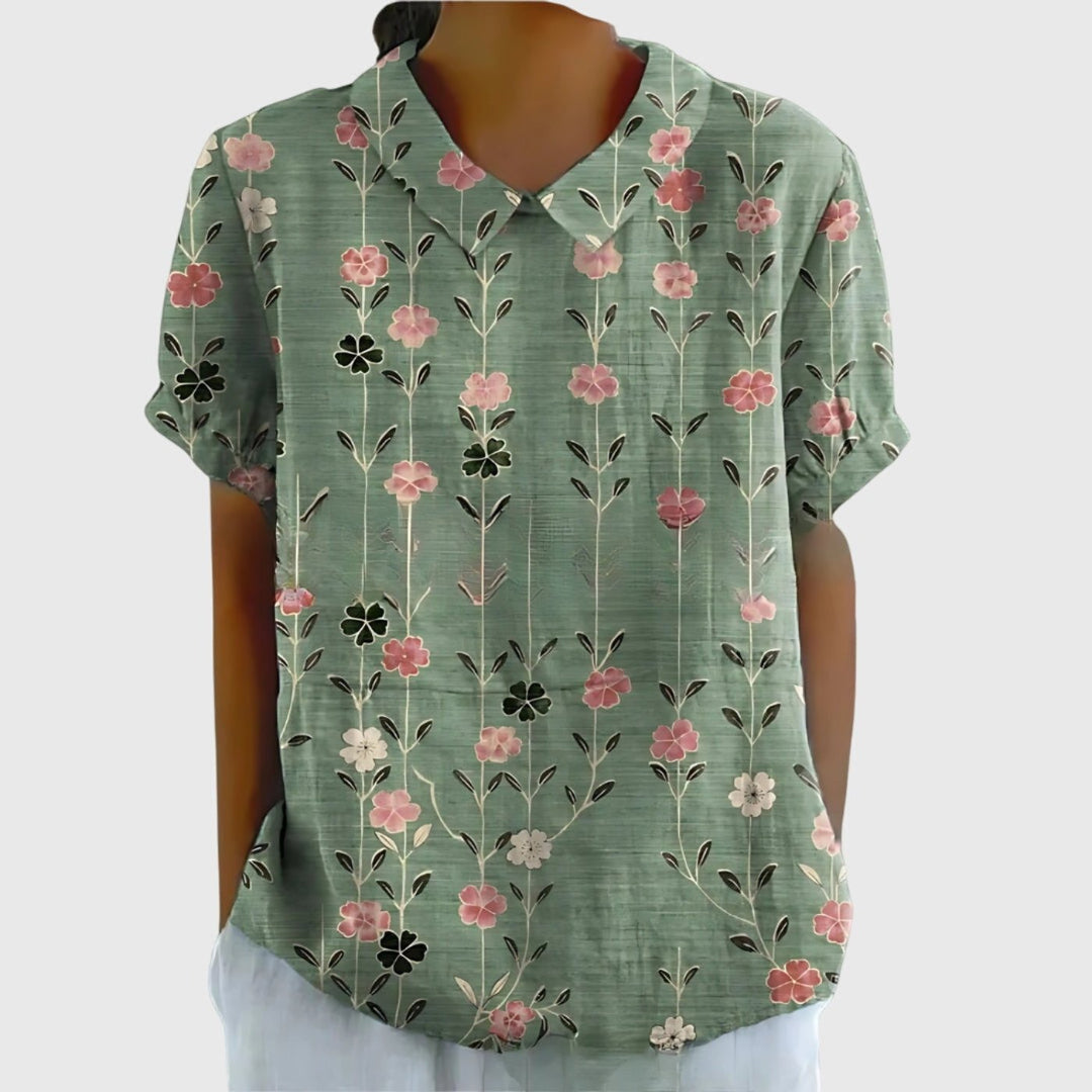 Willow | Women's Linen Short Sleeve Collared Blouse Floral Print