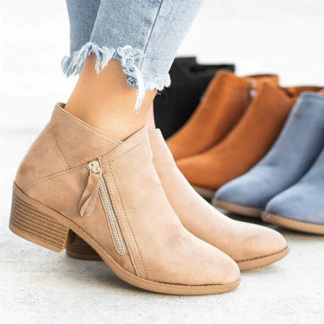 Ladies Suede Ankle Boots with Side Zipper and Low Block Heel
