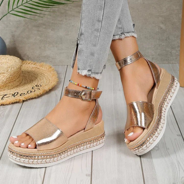 Women's Metallic Orthopedic Adjustable Espadrille Sandals, view 2 - Elena Harper