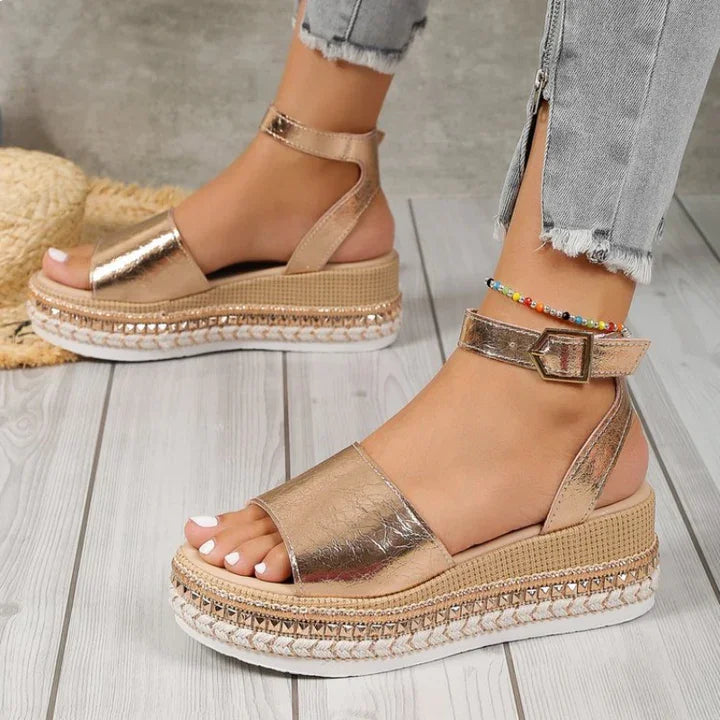 Women's Metallic Orthopedic Adjustable Espadrille Sandals, view 5 - Elena Harper