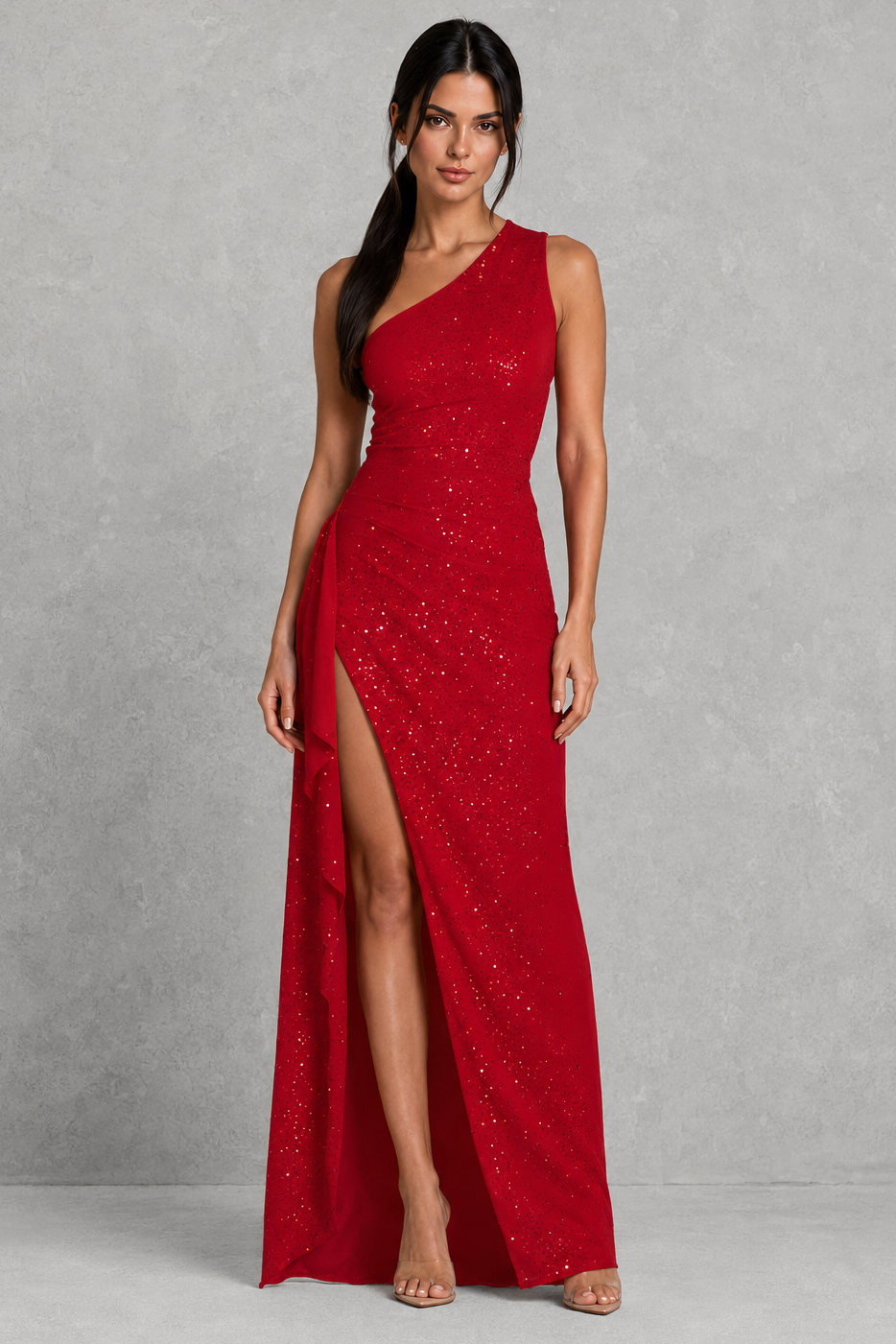 Women’s One Shoulder Sparkle Maxi Dress with Split Detail for Evening & Formal Wear
