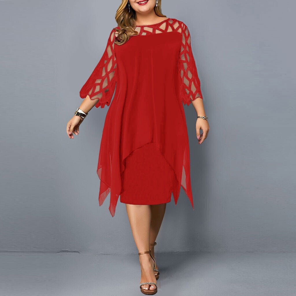 Mia | Women's Plus Size Lace Overlay Asymmetric Midi Dress