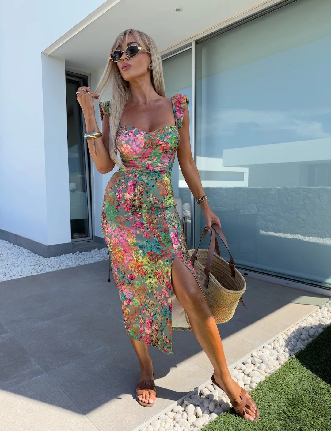 Elvara | Midi dress for women with sweetheart neckline and side slit