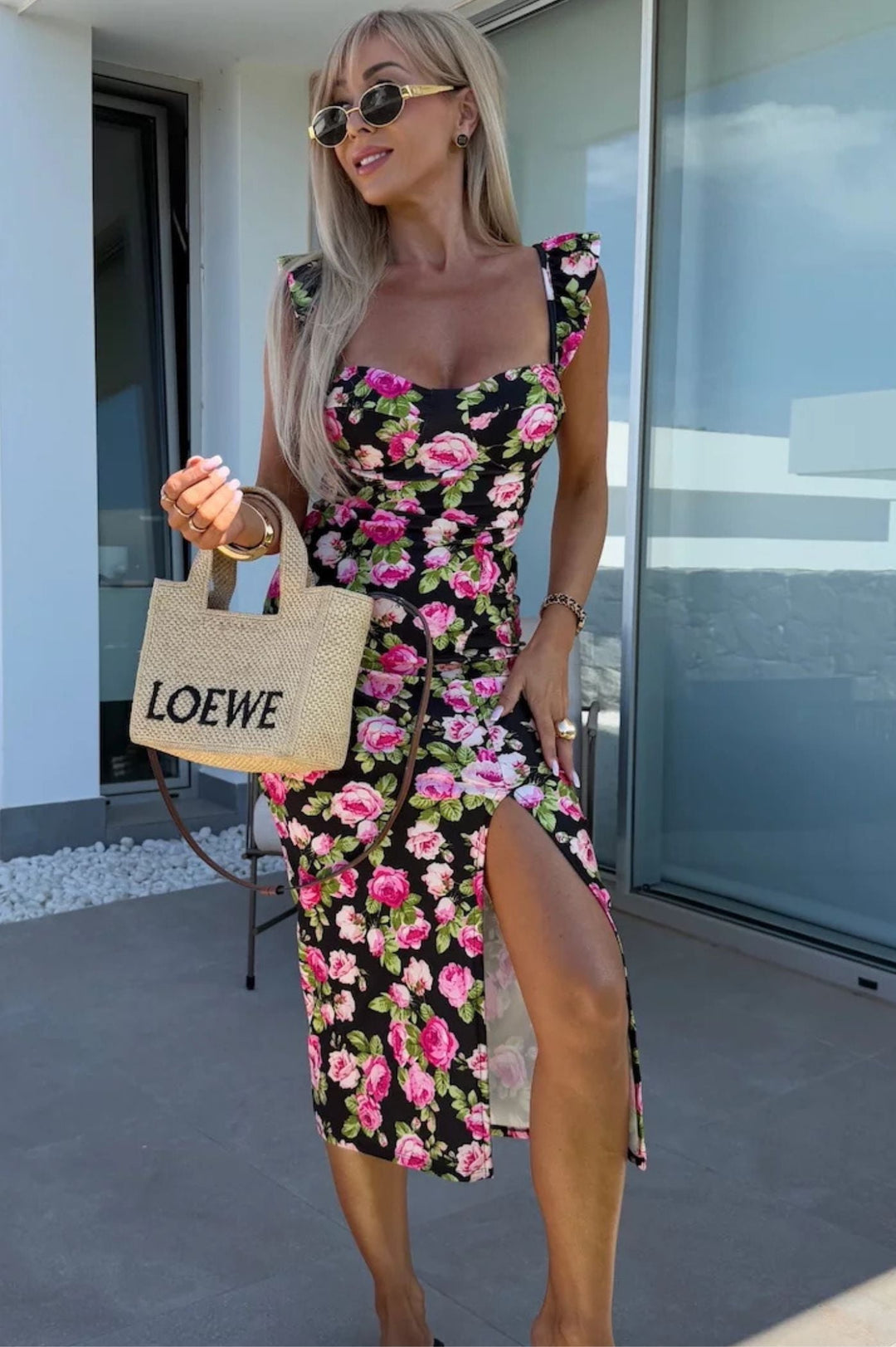 Elvara | Midi dress for women with sweetheart neckline and side slit