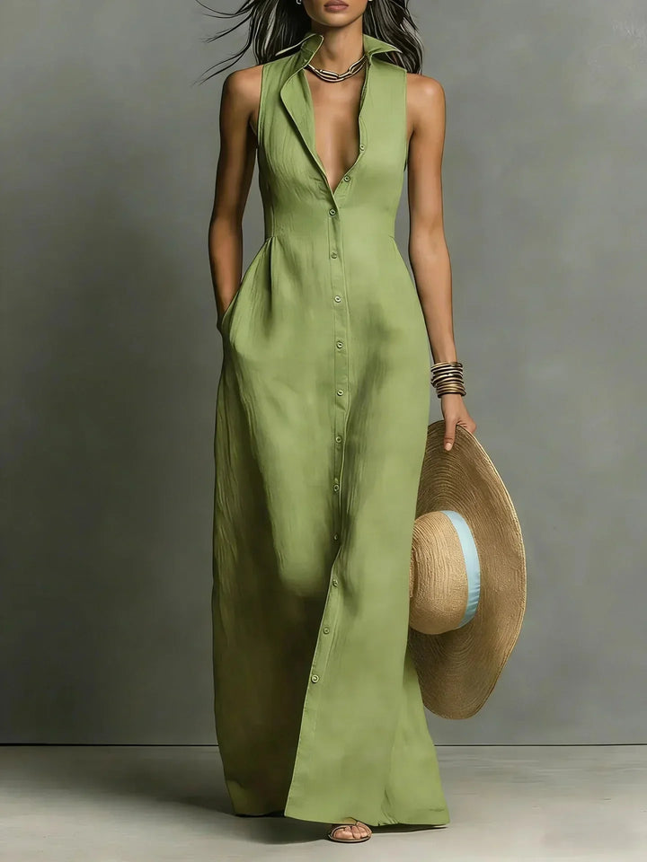 Women's Sleeveless Button-Down Maxi Dress with Collar & Pockets