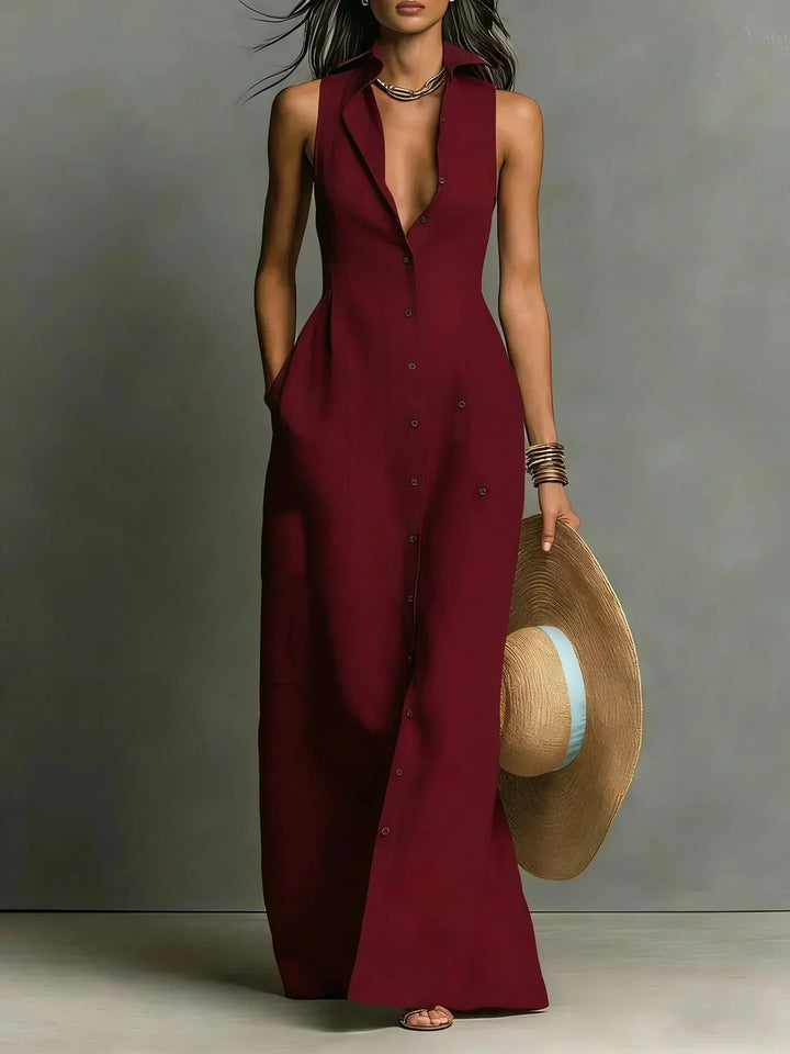 Women's Sleeveless Button-Down Maxi Dress with Collar & Pockets