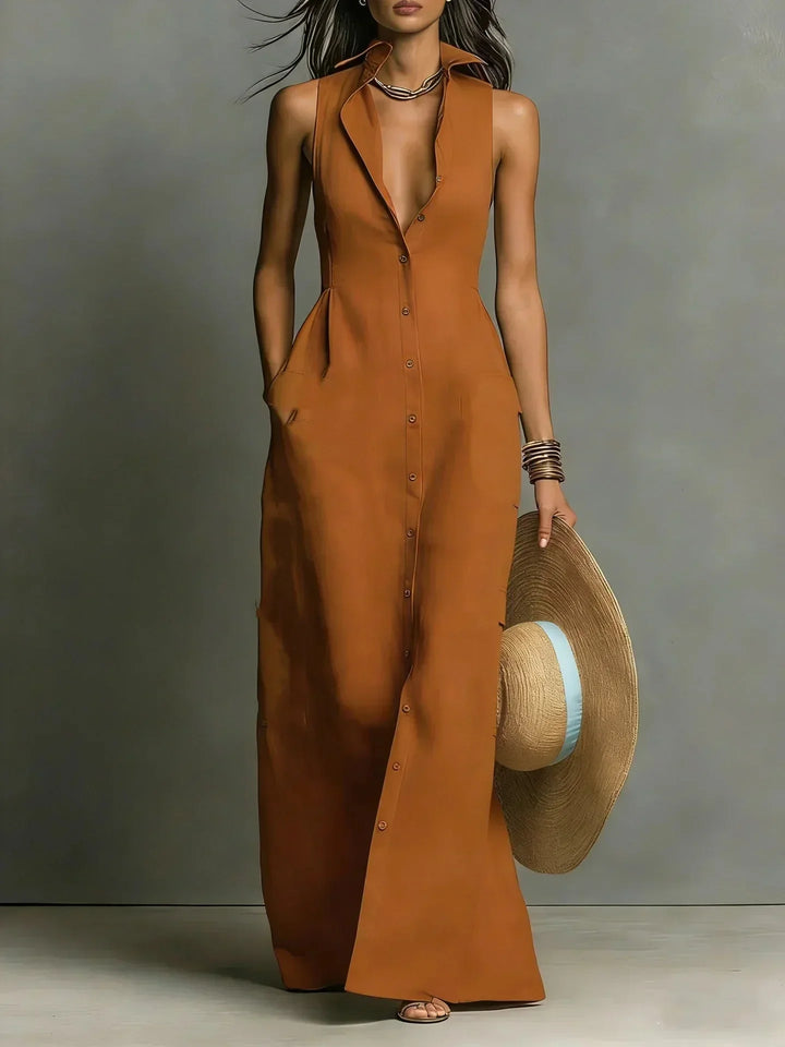 Women's Sleeveless Button-Down Maxi Dress with Collar & Pockets