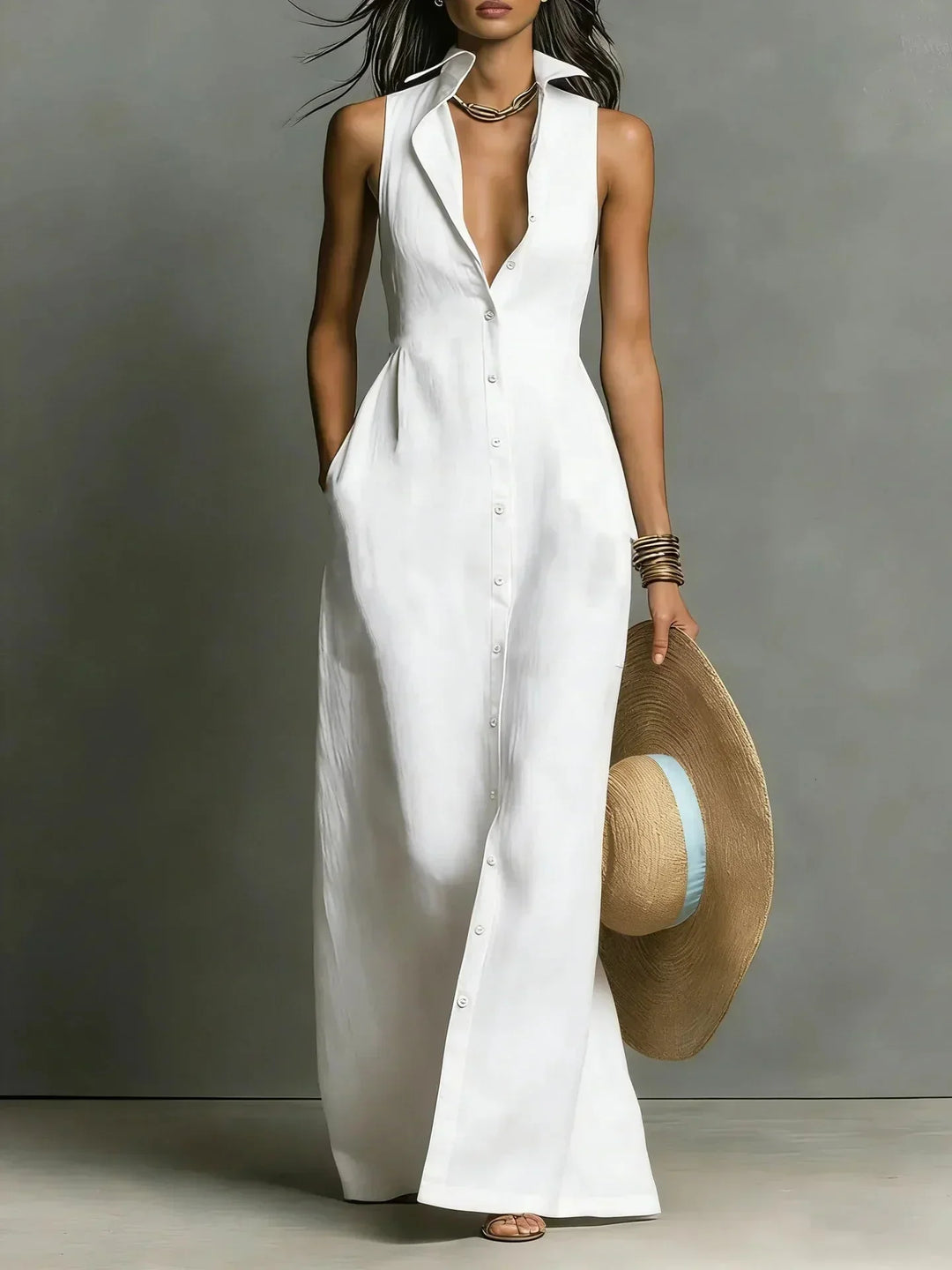Women's Sleeveless Button-Down Maxi Dress with Collar & Pockets
