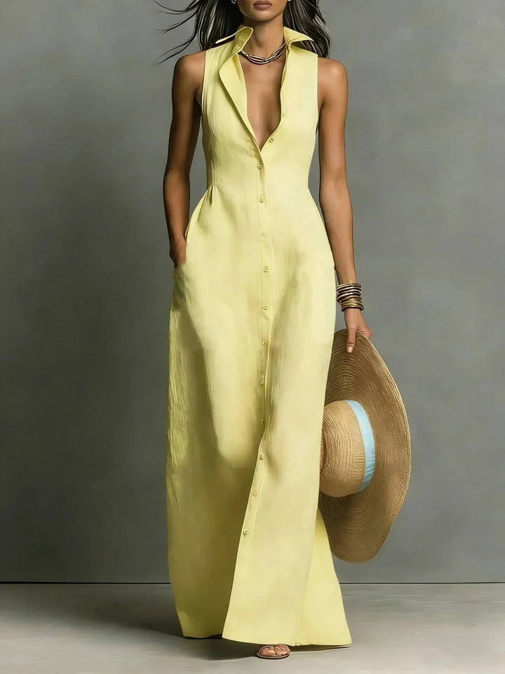 Women's Sleeveless Button-Down Maxi Dress with Collar & Pockets