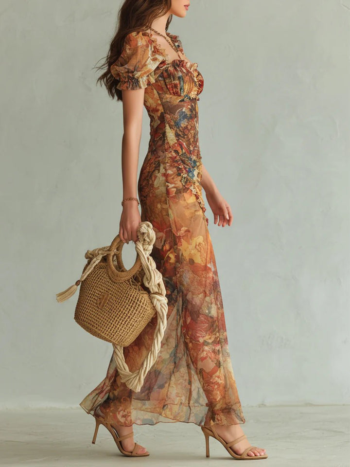Ella | Women's Ruffle Sweetheart Chiffon Boho Maxi Dress