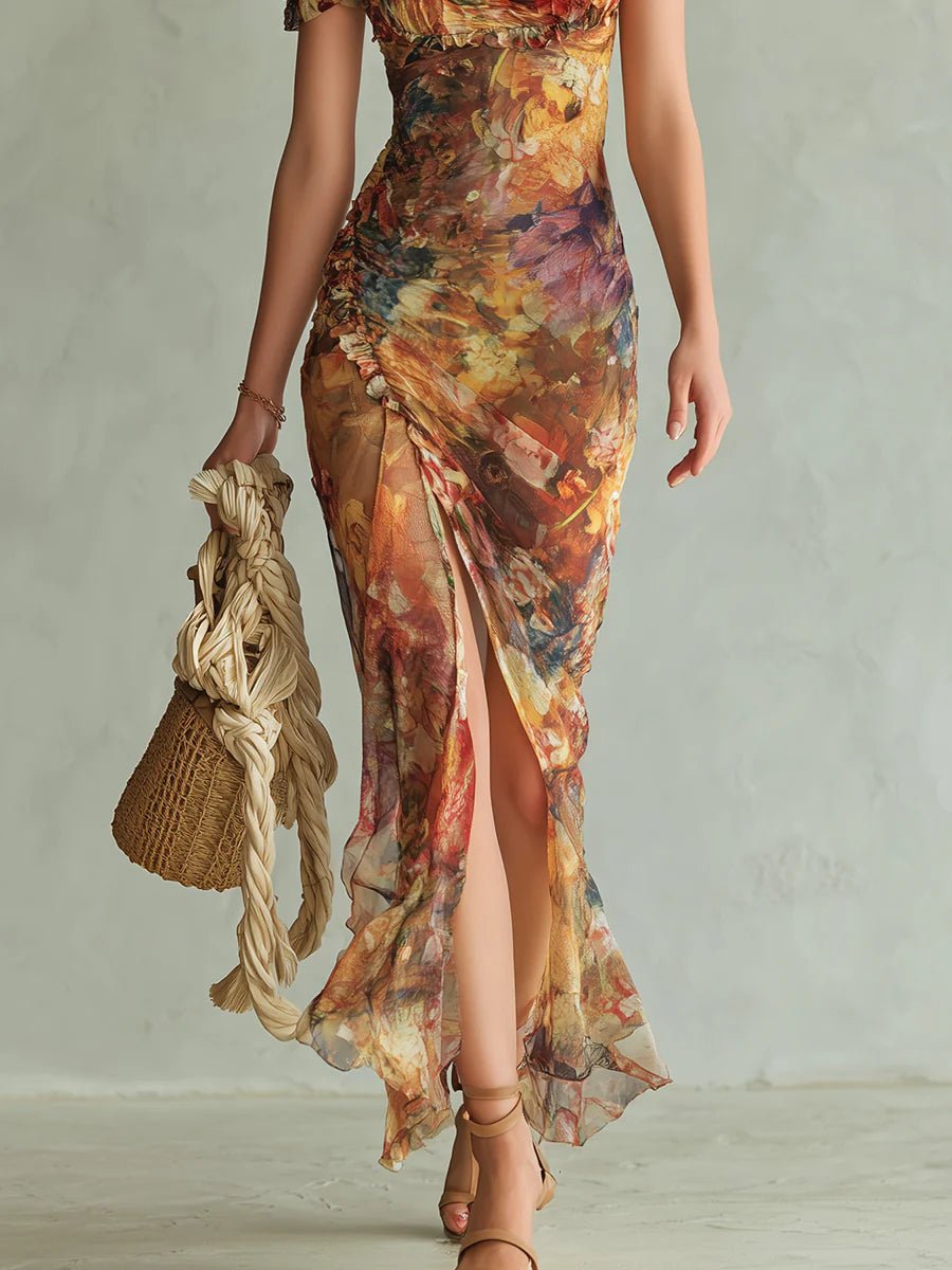Ella | Women's Ruffle Sweetheart Chiffon Boho Maxi Dress