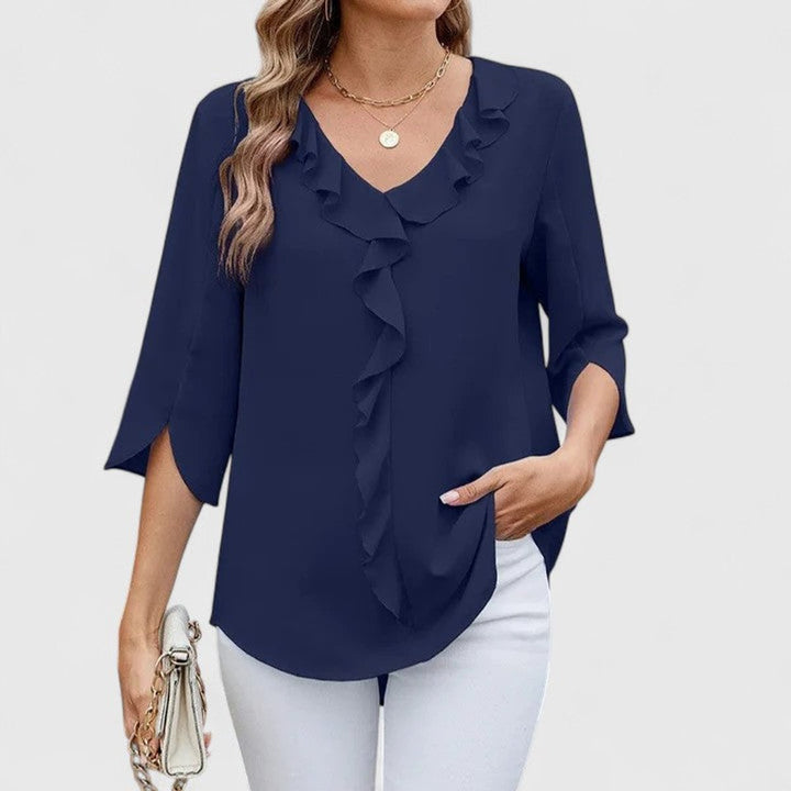 Women's Tailored Blouse – With Three-Quarter Sleeves, Suitable for Casual and Work