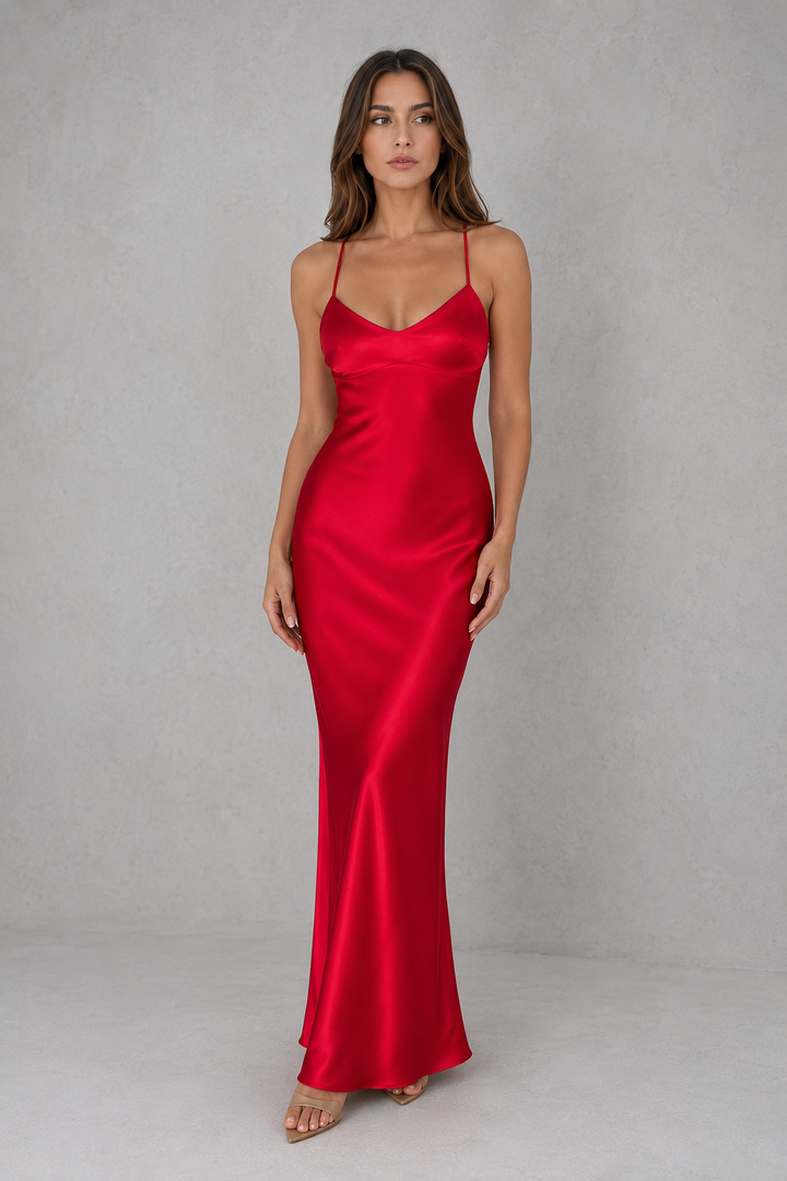 Women’s Satin Maxi Dress with Open Back Detail for Evening & Formal Wear