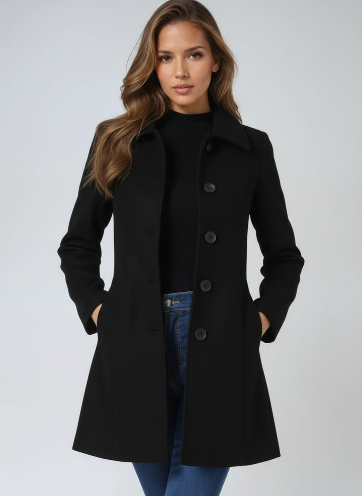 Women's Tailored Midi Winter Coat with Single Row Buttons, view 2 - Elena Harper
