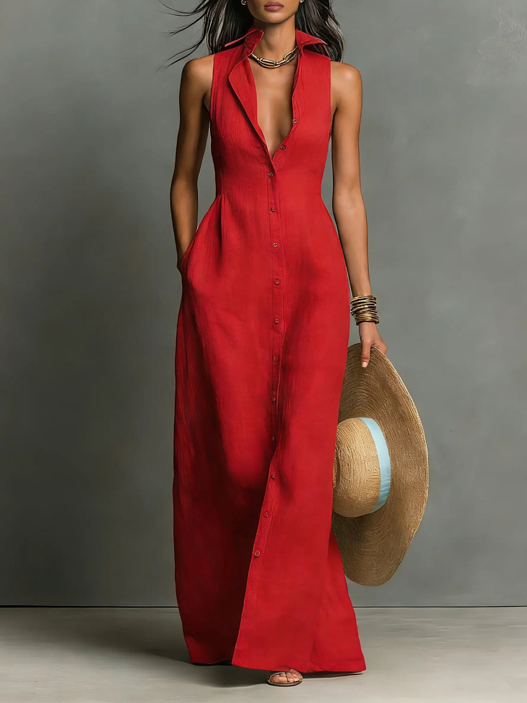 Sienna | Women's Sleeveless Linen Button-Front Maxi Shirt Dress