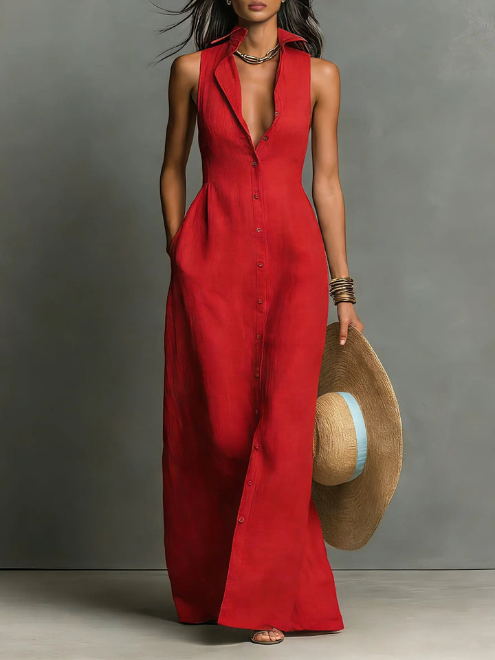 Sienna | Women's Sleeveless Linen Button-Front Maxi Shirt Dress