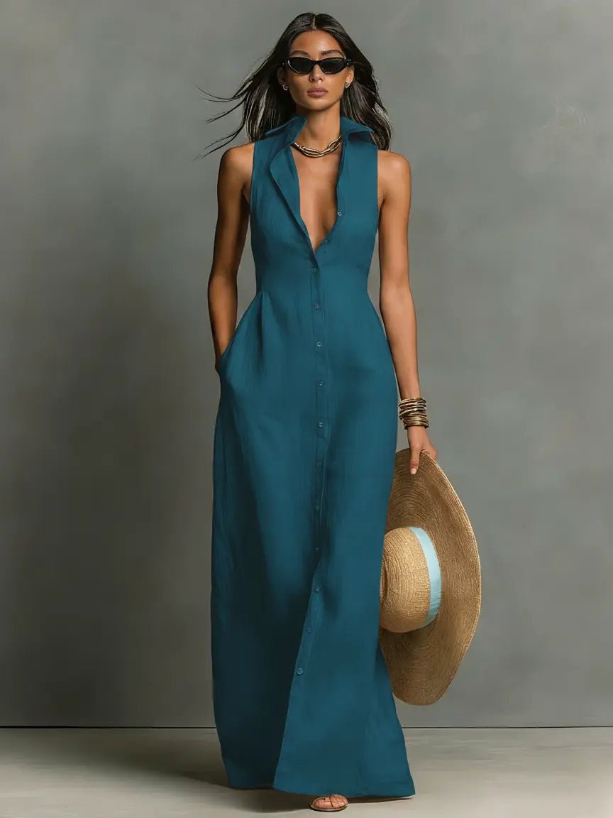 Sienna | Women's Sleeveless Linen Button-Front Maxi Shirt Dress
