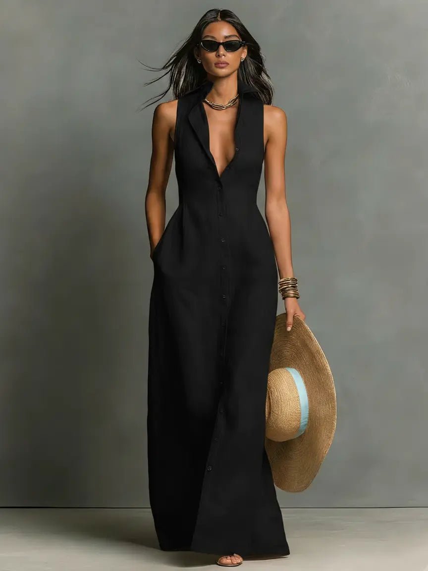 Sienna | Women's Sleeveless Linen Button-Front Maxi Shirt Dress