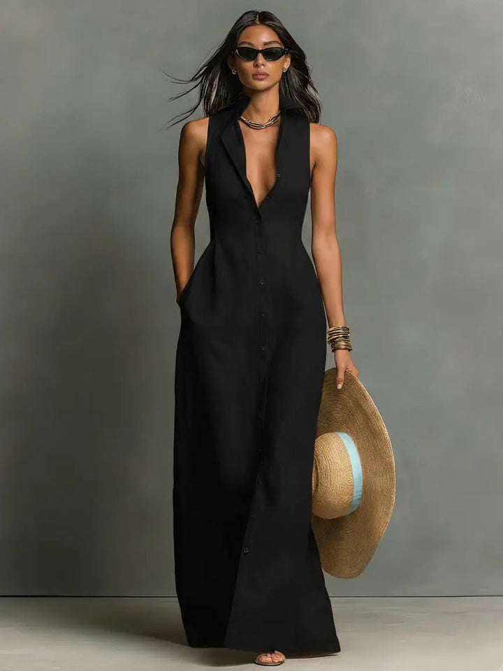 Sienna | Women's Sleeveless Linen Button-Front Maxi Shirt Dress