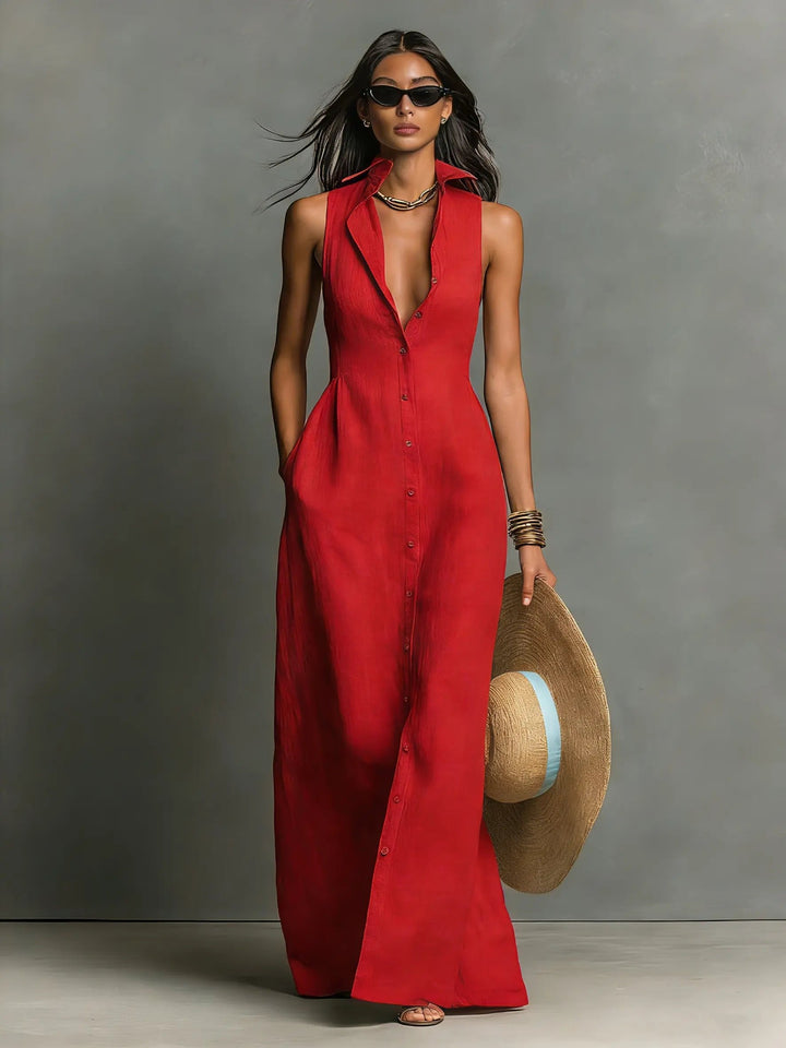 Sienna | Women's Sleeveless Linen Button-Front Maxi Shirt Dress