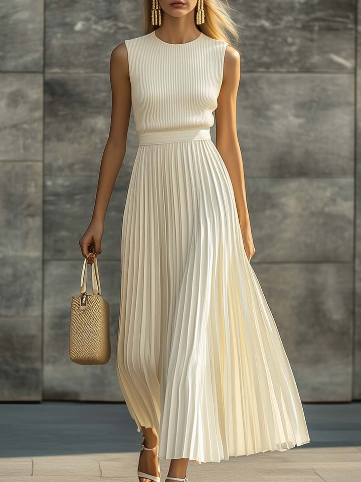Ava | Women's Sleeveless Ribbed Knit Pleated Chiffon Maxi Dress