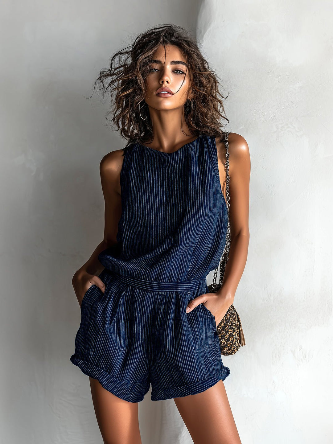 Mia | Women's Sleeveless Striped Linen-Blend Boat Neck Romper