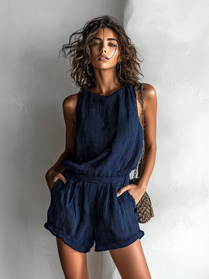 Mia | Women's Sleeveless Striped Linen-Blend Boat Neck Romper