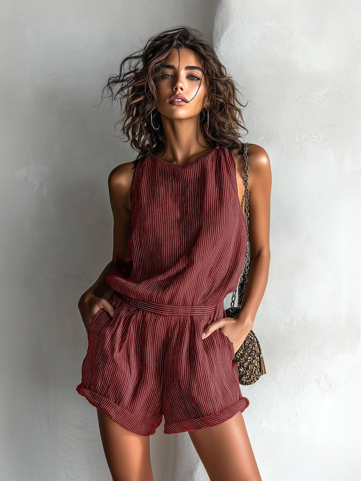 Mia | Women's Sleeveless Striped Linen-Blend Boat Neck Romper