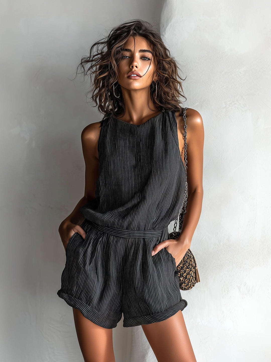 Mia | Women's Sleeveless Striped Linen-Blend Boat Neck Romper