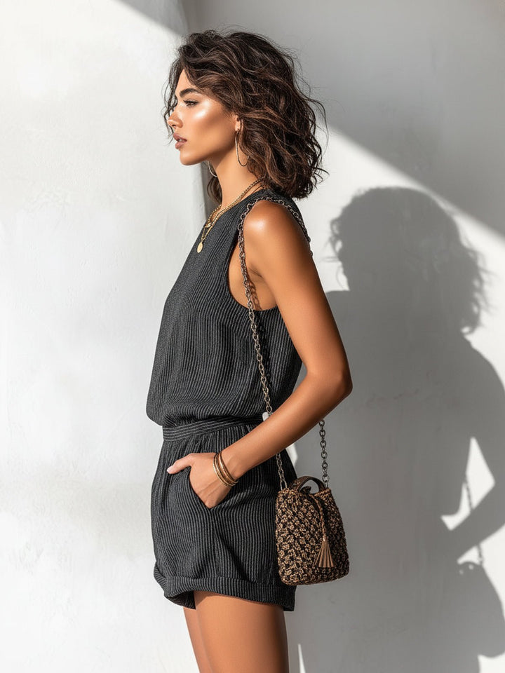 Mia | Women's Sleeveless Striped Linen-Blend Boat Neck Romper