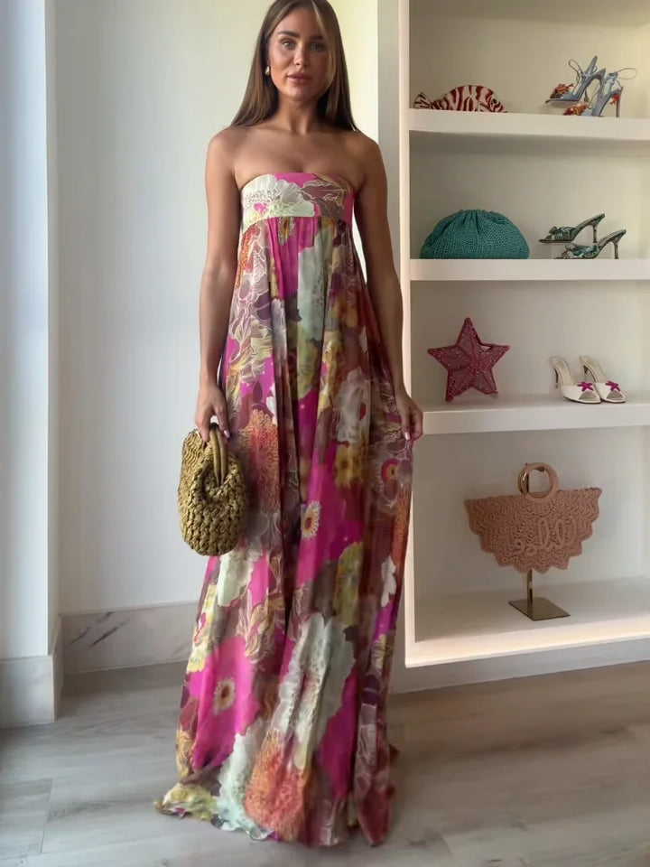 Lurevia | Maxi dress for women with flowers and strapless wedding style