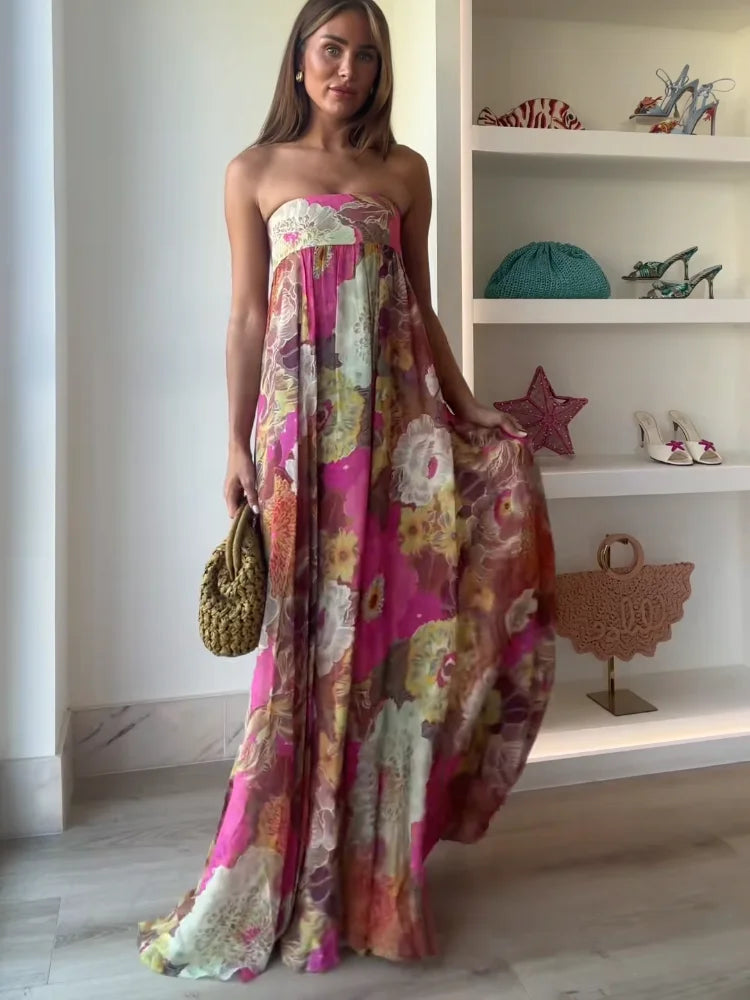 Lurevia | Maxi dress for women with flowers and strapless wedding style