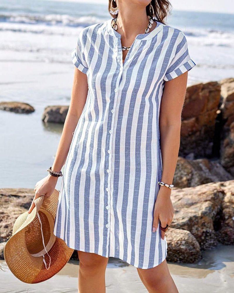Ava | Women's Striped Linen Short-Sleeve Button-Up Shirt Dress
